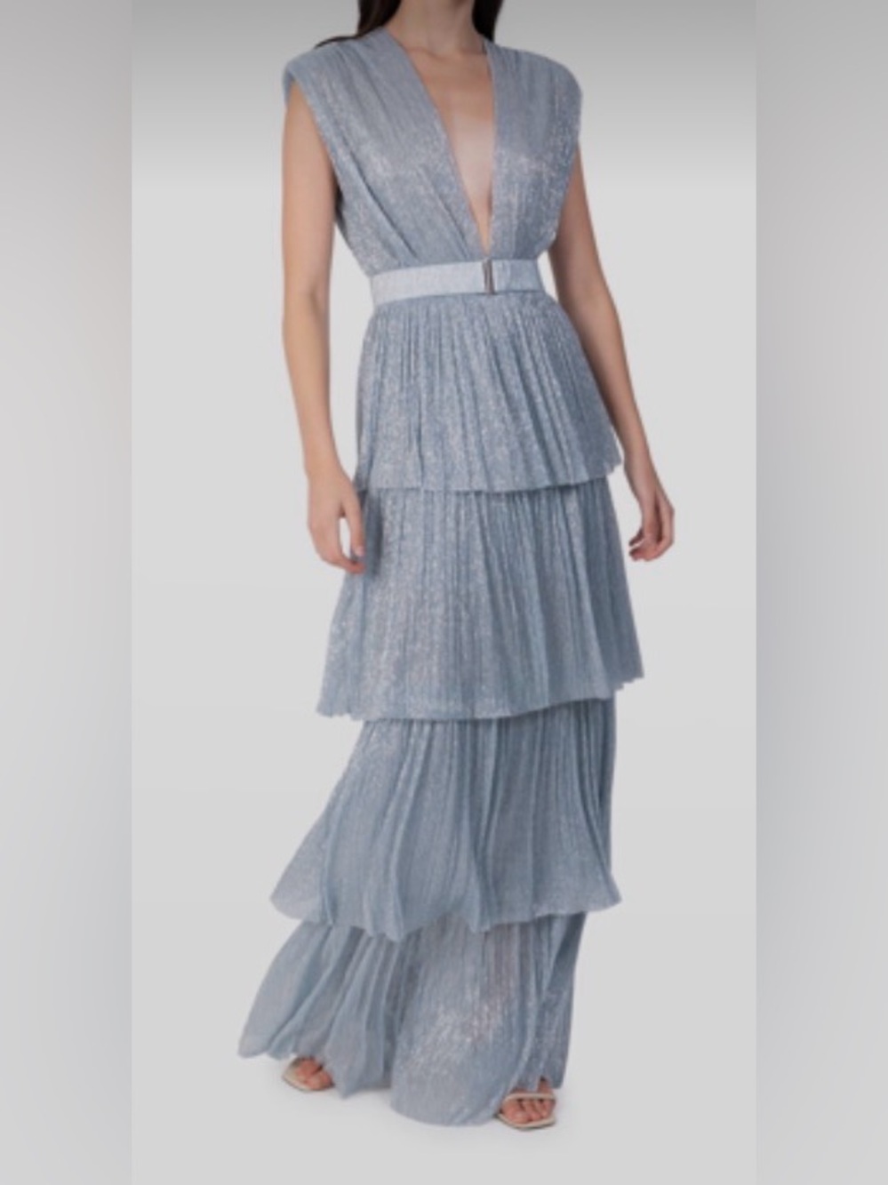 Sabina Musayev Skylar Tiered Plisse Gown In Light Blue - Worn once!